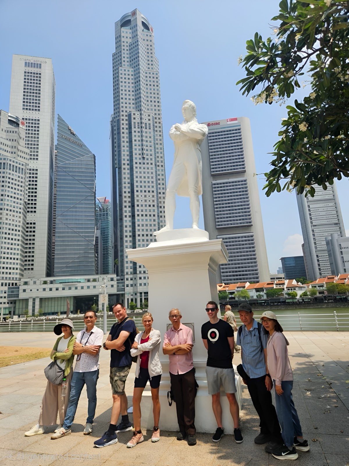 A walking tour group with their tourist guide at the Raffles statue